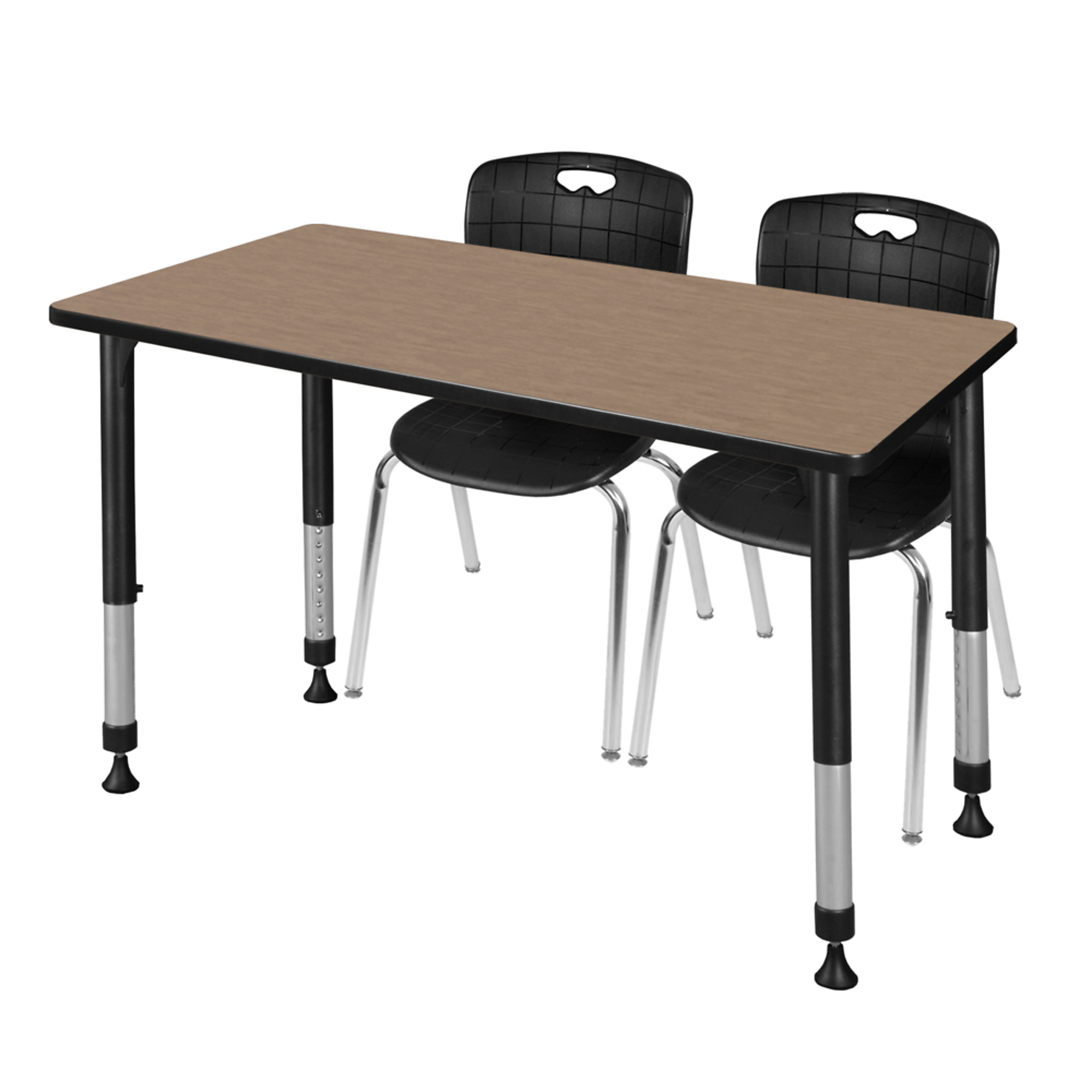 Regency Kee Adjustable Classroom Table and Andy Stack Chairs Set — 48in. x 30in., Noble Oak Top, Black Base, Includes 2 Chairs, Model# MT4830NOAPBK40BK